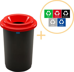 Plafor Eco Bin Ronde Prullenbak voor afvalscheiding - 50L – Zwart/Rood- Inclusief 5-delige Stickerset - Afvalbak voor gemakkelijk Afval Scheiden en Recycling - Afvalemmer - Vuilnisbak voor Huishouden, Keuken en Kantoor - Afvalbakken - Recyclen