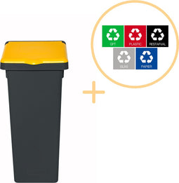 Plafor Fit Bin Prullenbak met Deksel voor Afvalscheiding - 20L– Zwart/Geel- Inclusief 5-delige Stickerset - Afvalbak voor gemakkelijk Afval Scheiden en Recycling - Afvalemmer - Vuilnisbak voor Huishouden, Keuken en Kantoor - Afvalbakken - Recyclen