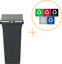 Plafor Fit Bin Prullenbak met Deksel voor Afvalscheiding - 53L – Zwart/Grijs - Inclusief 5-delige Stickerset - Afvalbak voor gemakkelijk Afval Scheiden en Recycling - Afvalemmer - Vuilnisbak voor Huishouden, Keuken en Kantoor - Afvalbakken - Recyclen