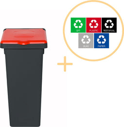 Plafor Fit Bin Prullenbak met Deksel voor Afvalscheiding - 75L – Zwart/Rood- Inclusief 5-delige Stickerset - Afvalbak voor gemakkelijk Afval Scheiden en Recycling - Afvalemmer - Vuilnisbak voor Huishouden, Keuken en Kantoor - Afvalbakken - Recyclen