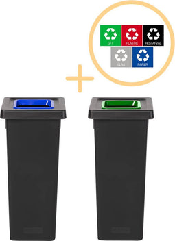 Plafor Fit Bin Prullenbak voor afvalscheiding - 53L – Set van 2, Blauw/Groen- Inclusief 5-delige Stickerset - Afvalbak voor gemakkelijk Afval Scheiden en Recycling - Afvalemmer - Vuilnisbak voor Huishouden, Keuken en Kantoor - Afvalbakken