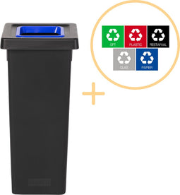 Plafor Fit Bin, Prullenbak voor afvalscheiding - 53L – Zwart/Blauw - Inclusief 5-delige Stickerset - Afvalbak voor gemakkelijk Afval Scheiden en Recycling - Afvalemmer - Vuilnisbak voor Huishouden, Keuken en Kantoor - Afvalbakken - Recyclen
