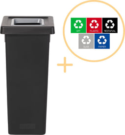 Plafor Fit Bin, Prullenbak voor afvalscheiding - 53L – Zwart/Grijs - Inclusief 5-delige Stickerset - Afvalbak voor gemakkelijk Afval Scheiden en Recycling - Afvalemmer - Vuilnisbak voor Huishouden, Keuken en Kantoor - Afvalbakken - Recyclen