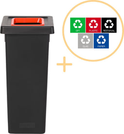 Plafor Fit Bin, Prullenbak voor afvalscheiding - 53L – Zwart/Rood - Inclusief 5-delige Stickerset - Afvalbak voor gemakkelijk Afval Scheiden en Recycling - Afvalemmer - Vuilnisbak voor Huishouden, Keuken en Kantoor - Afvalbakken - Recyclen