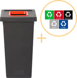 Plafor Fit Bin, Prullenbak voor afvalscheiding - 75L – Zwart/Rood - Inclusief 5-delige Stickerset - Afvalbak voor gemakkelijk Afval Scheiden en Recycling - Afvalemmer - Vuilnisbak voor Huishouden, Keuken en Kantoor - Afvalbakken - Recyclen