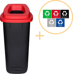 Plafor Sort Bin Prullenbak voor afvalscheiding - 90L – Zwart/Rood - Incl. 5-delige Stickerset - Afvalbak Afvalscheiding Recycling - Afvalemmer - Vuilnisbak Huishouden, Keuken en Kantoor - Afvalbakken