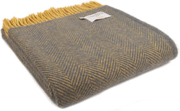 Plaid Visgraat Blauw en Mosterd geel - 150x183 - Nieuw Wol - Tweedmill UK