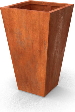 Plantenbak Vaso Cortenstaal 600x600x1000 (DiaxH) - Materiaaldikte 2mm. Voorzien van verstevigingskokers aan de binnenkant. Voorzien van bodem met afwateringsgaten. Pootjes 15 mm hoog. Omplooi bovenrand 50mm.