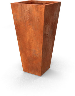 Plantenbak Vaso Cortenstaal 600x600x1200 (DiaxH) - Materiaaldikte 2mm. Voorzien van verstevigingskokers aan de binnenkant. Voorzien van bodem met afwateringsgaten. Pootjes 15 mm hoog. Omplooi bovenrand 50mm.