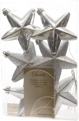 Plastic sterren - glans-mat-glitter - 7.5cm - zilver - 5 stuks