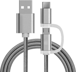 2 in 1 oplaad kabel (USB Micro, USB Type-C) - 1 Meter (Zilver-Nylon)