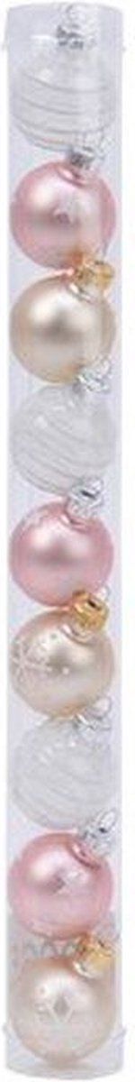 9 Glazen kerstballen 3 cm mix parel poeder roze winter wit