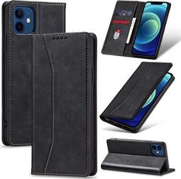 Podec Hoesje met Pasjeshouder Geschikt voor iPhone 12 Zwart Telefoonhoesje - Anti-Shock Bookcase Cover met 1x Screenprotector - Wallet Case