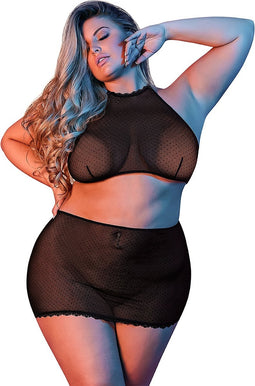 Polka Dot Mesh Halter & Skirt Set - Zwart