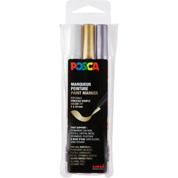 Posca - paintmarker PCF-350, brush tip, étui van 3 stuks, assorti (goud, zilver en wit)