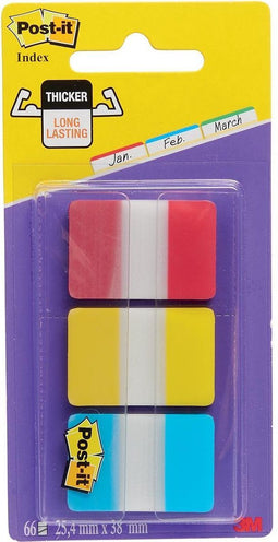 Post-it® Index Strong, Blauw, Rood, Geel, 25.4 x 38 mm, 22 Tabs/Kleur/Dispenser
