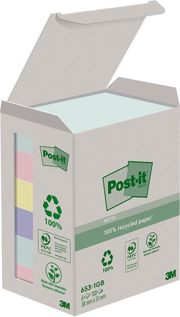Post-it recycled notes Nature, 100 vel, ft 38 x 51 mm, pak van 6 blokken, geassorteerde kleuren