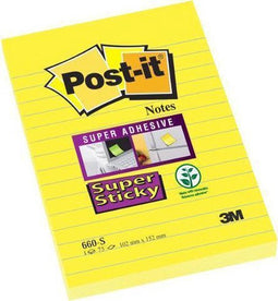 Post-it® Super Sticky Notes, Geel, Gelijnd, 102mm x 152 mm, 1 blok, Individueel Verpakt, 75 Blaadjes/Blok