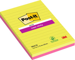 Post-it® Super Sticky Notes, Limoen,Fuchsia, Gelijnd, 125mm x 200 mm, 2 Blokken, 45 Blaadjes/Blok
