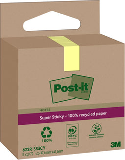 Post-it Super Sticky Notes Recycled | 70 vel | ft 47 | 6 x 47 | 6 mm | geel | pak van 3 blokken