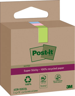 Post-it Super Sticky Notes Recycled | 70 vel | ft 47 | 6 x 47 | 6 mm | assorti | pak van 3 blokken