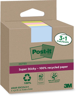 Post-it Super Sticky - Super Sticky Notes Recycled | 70 vel | ft 76 x 76 mm | assorti | 3 + 1 GRATIS
