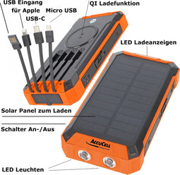 Powerbank met 4 oplaadkabels, QI-oplaadfunctie, zonnepaneel, met LED-lampje