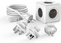 PowerCube ReWirable reisstekker + 3x wereld reis plug + 1 meter IEC EU kabel DE - Wit/Grijs - 5 stopcontacten