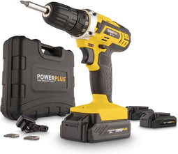 Powerplus POWX00501 Accu boormachine - Schroefboormachine - Boormachine accu - Accu schroevendraaier - 20V - Incl. 3 x 20V Li-ion accu's, lader en 12-delige gereedschapskoffer met schroefbits - Voor hout, steen en metaal