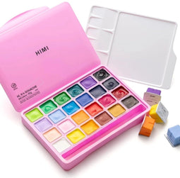 HIMI Gouache - set van 24 kleuren - dekkende verf in kunststof opbergbox roze (24 stuks)