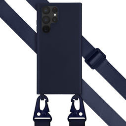 Selencia Hoesje Geschikt voor Samsung Galaxy S22 Ultra Hoesje Met Koord - Selencia Siliconen hoesje met afneembaar koord - Donkerblauw