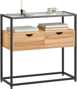 SoBuy FSB54-N - Bijzettafel - 2 Lades & Glazen Blad - Naturel