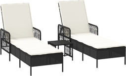 vidaXL - Ligbedden - 2 - stuks - met - Kussens - en - Tafel - Zwart - Poly - Rattan