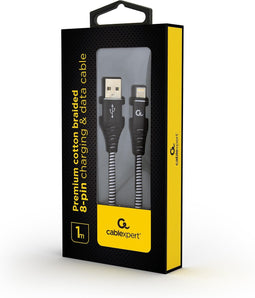 Premium 8-pin laad- & datakabel 'katoen', 1 m, zwart/wit