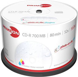 Primeon 2761109 CD-R 80 disc 700 MB 50 stuk(s) Spindel Bedrukbaar, Hoogglans opppervlak, Watervast, Onuitwisbaar