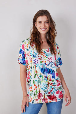 DIDI Dames Loose tee Flow print in offwhite with Bird garden print maat
