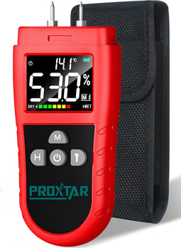 ProXtar PRO Vochtmeter - Vochtmeter Muren - Vochtmeter Hout - Inclusief Temperatuurmeter - Accuraat - Vochtmeters - Inclusief Opbergcase, Batterijen en Zaklamp
