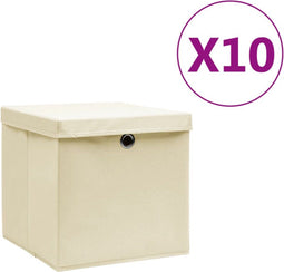 vidaXL - Opbergboxen - met - deksel - 10 - st - 28x28x28 - cm - crèmekleurig