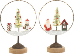 J-Line decoratie Cirkel Op Voet + Kerstman/Sneeuwman - hout/metaal - 2 stuks - LED lichtjes