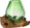 J-Line vaas op voet Gamal - hout/glas - naturel/groen - medium - 19 cm hoog
