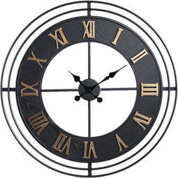 PTMD Azzer Black Iron Wall Clock Wooden Inlay Round