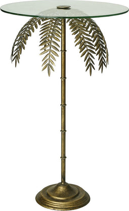 PTMD Bryz goudkleurige metalen bijzettafel van glas en varens van ijzer maat in cm: 45 x 45 x 73 - Goud