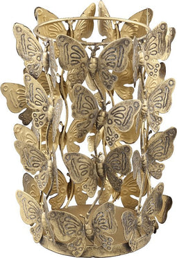 PTMD Butterfly Rond Windlicht - H23,5 x Ø17 cm - Ijzer/glas - Goud