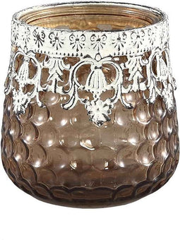 PTMD Chriss Windlicht - H9 x Ø10 cm - Glas Metaal - Bruin / Zilver