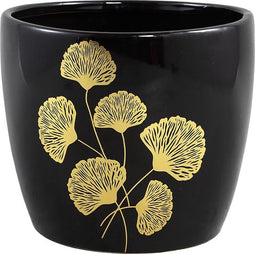PTMD Dalina Ronde Pot Ginkgo Blad - H19,5 x Ø23 cm - Keramiek - Zwart