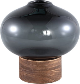 PTMD Fleure Grey Glass Vase Wooden Base Bulb L