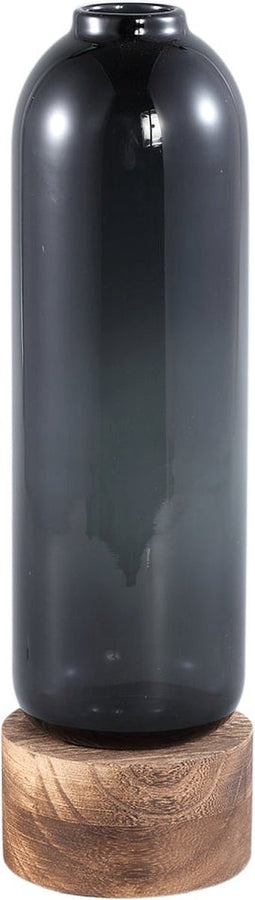 PTMD Fleure Grey Glass Vase Wooden Base Long L