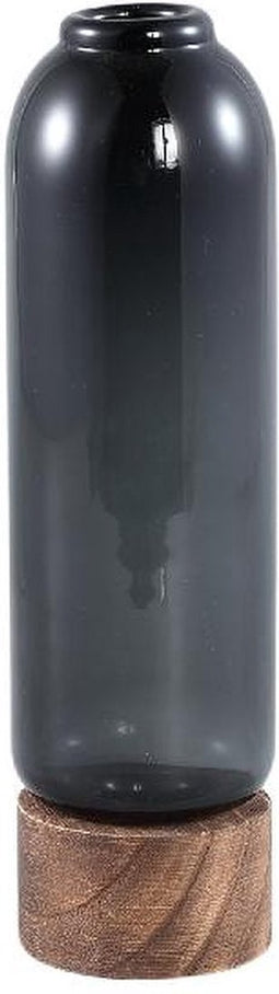 PTMD Fleure Grey Glass Vase Wooden Base Long S