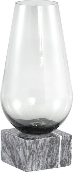 PTMD Kaya Grey glazen vaas zwarte marmeren voet hoog S