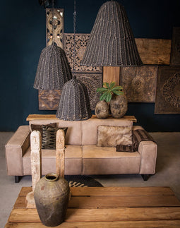 PTMD Lars zwarte hangende lampenkap van geweven zeegras maat in cm: 40 x 40 x 50 - Zwart